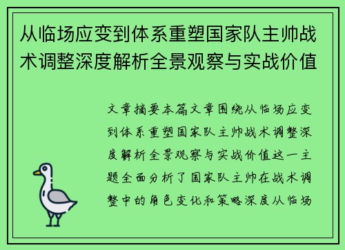 从临场应变到体系重塑国家队主帅战术调整深度解析全景观察与实战价值