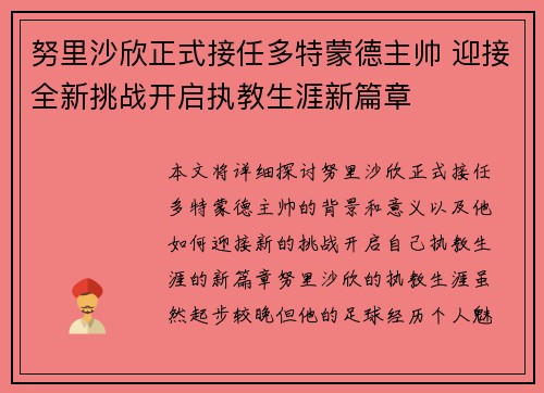 努里沙欣正式接任多特蒙德主帅 迎接全新挑战开启执教生涯新篇章 努里沙欣正式接任多特蒙德主帅 迎接全新挑战开启执教生涯新篇章